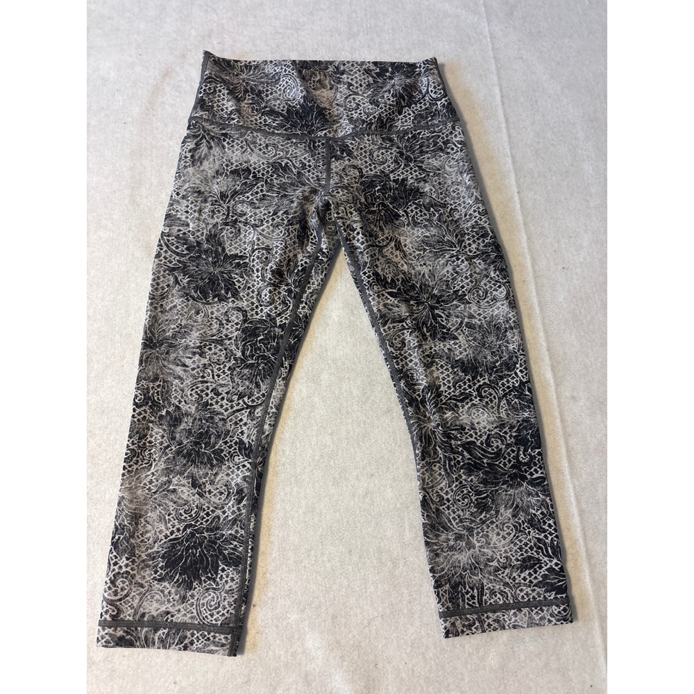 Lululemon Wunder Under Crop Leggings Black White Floral‎ Paisley Lace Print 2252